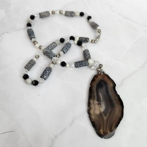 Vintage Custom Made Agate Slice Bone Bead Necklace